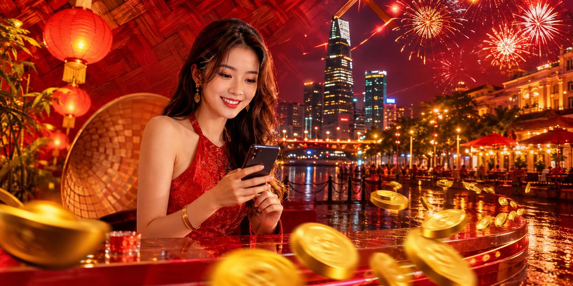 Người dùng tại TP.HCM chơi casino trực tuyến trên điện thoại với hình ảnh nón lá đặc trưng Việt Nam